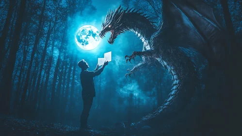 Man and Dragon under Moonlit Sky