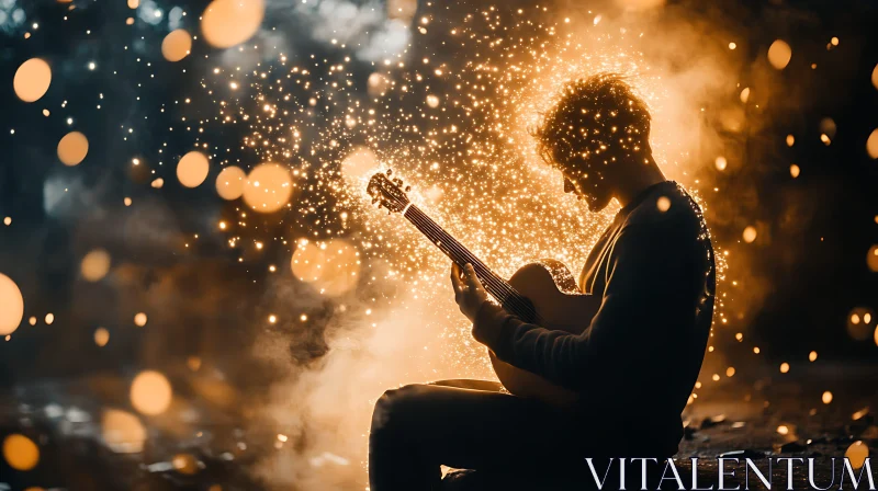 Silhouette Musician Playing Guitar with Sparkles AI Image