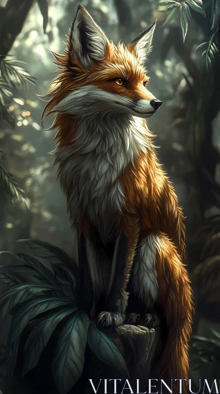 Wild Fox Standing in a Sunlit Forest AI Image