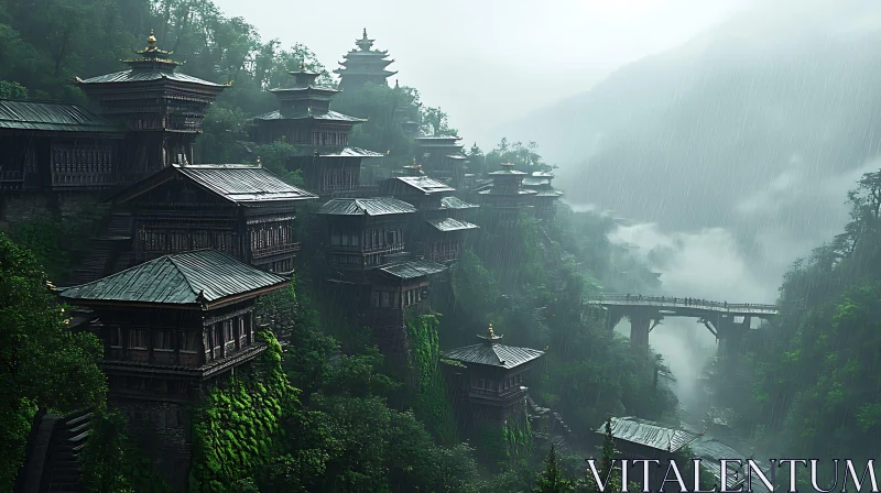 AI ART Mountain Village in Rain