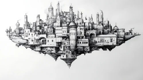 Monochrome Sky City Architectural Drawing