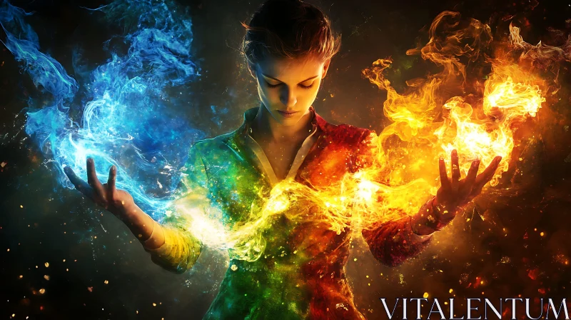 AI ART Balance of Elements: Woman Conjuring Fire and Ice