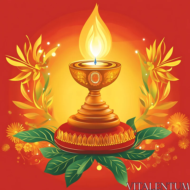 Festive Oil Lamp with Floral Decoration AI Image