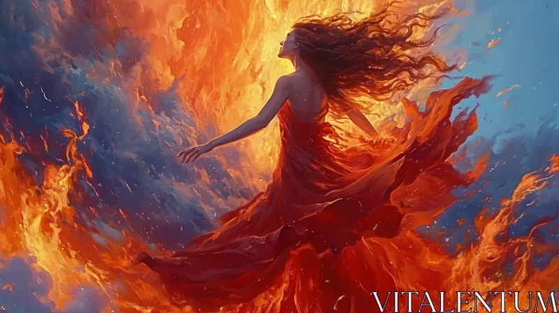Fiery Serenity: A Captivating Painting of a Woman in a Red Dress AI Image