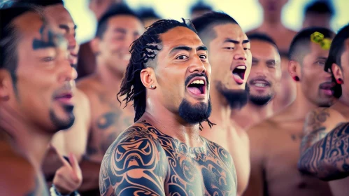 Men Singing with Tattoos: Maori-inspired Artwork