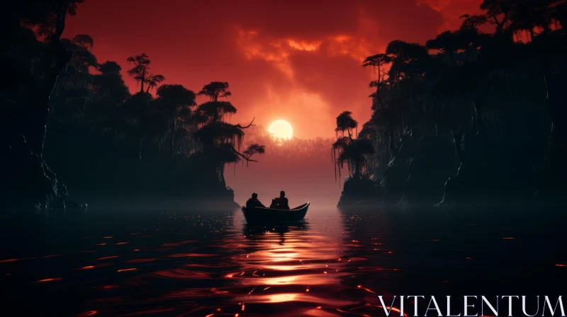 Mysterious Sunset Scene in a Jungle with Two People AI Image