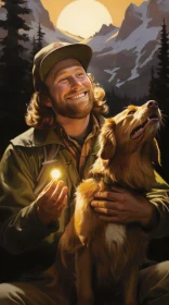 Scenic Mountain Art: A Man with Dog in Realistic Depiction of Light