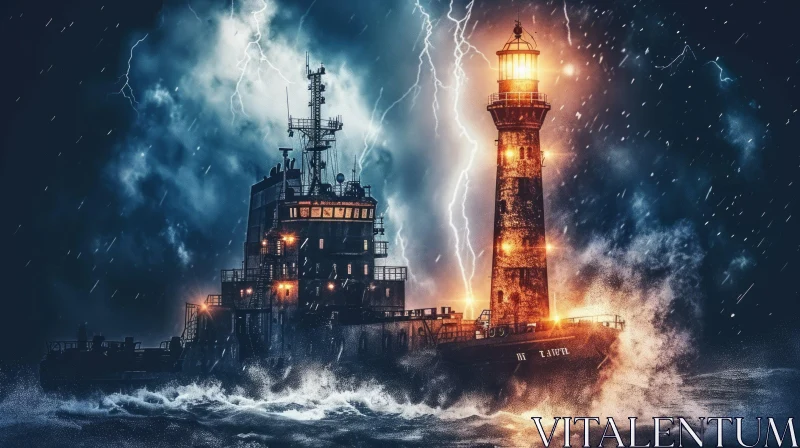 Stormy Sea and Lighthouse: Aggressive Digital Illustration AI Image