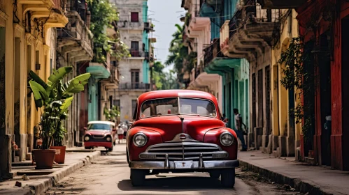 Vintage Car Cruising Colorful Streets of Cuba