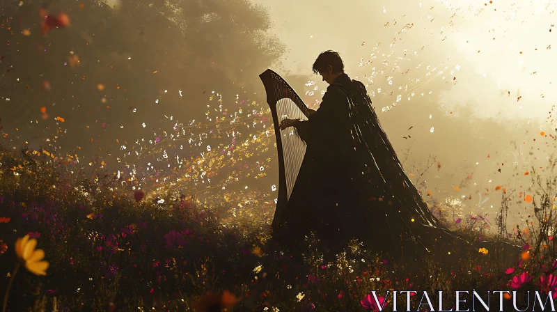 AI ART Musical Serenity: Harpist in a Dreamy Landscape