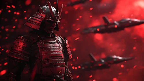 Red Armored Samurai with Fighter Jets