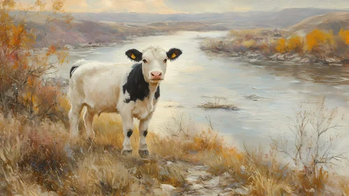 Pastoral Oil Painting with Cow and River