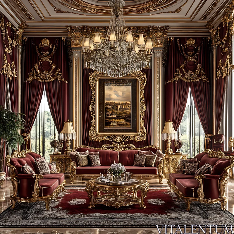 AI ART Opulent Interior Room with Rich Decor and Chandelier