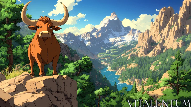 Bull on a Cliff in a Mountainous Landscape AI Image