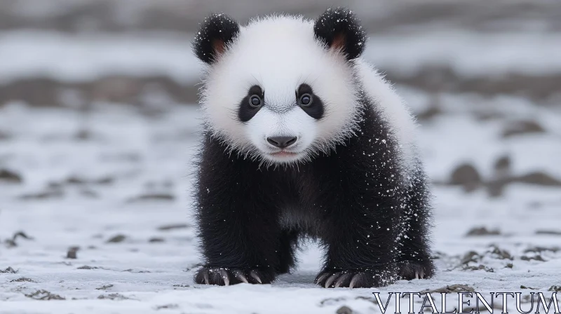 Panda Cub in Snowy Landscape AI Image