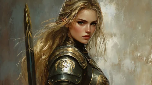 Female Warrior with Spear in Gold Armor