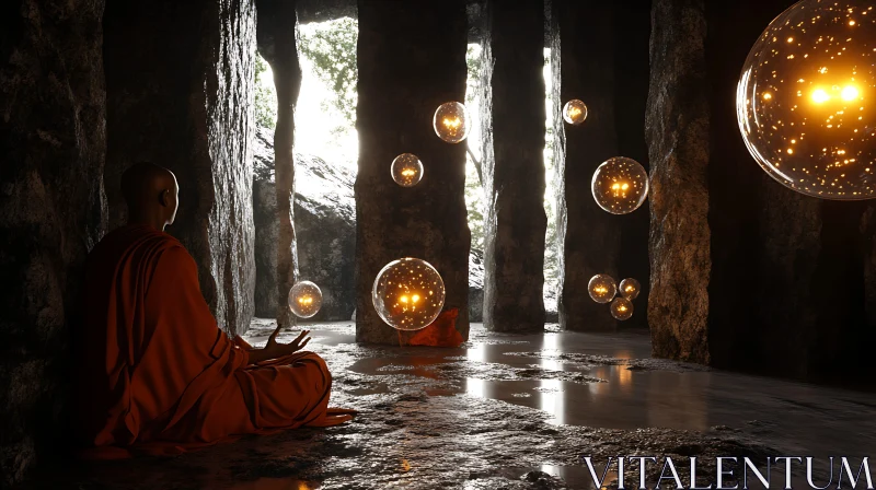 AI ART Serene Monk Meditating with Glowing Orbs