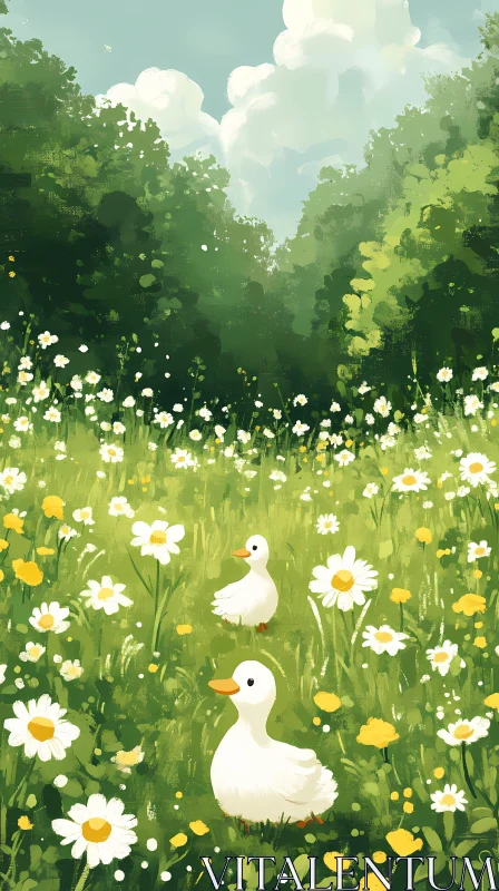 Ducks Amidst Daisies AI Image