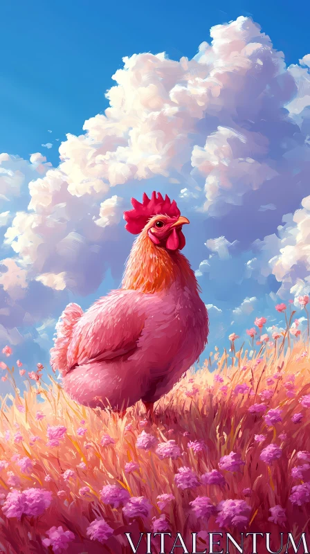 AI ART Pink Chicken in Floral Meadow