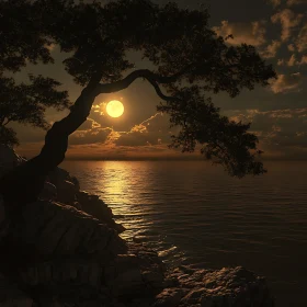 Night Seascape with Moon Reflection