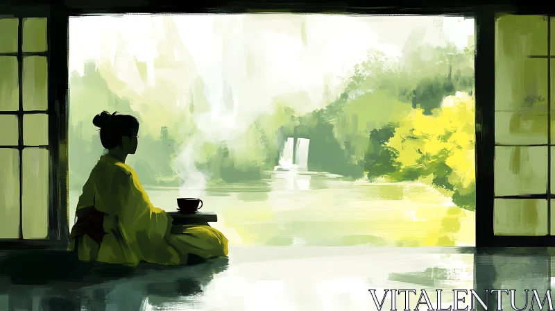 Woman enjoying tea in a serene landscape AI Image