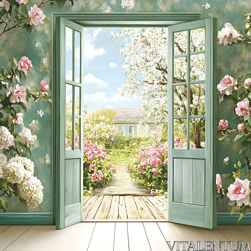 Serene Garden View Through an Open Door AI Image