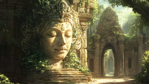 Serene Stone Face Amidst Ancient Temple Ruins