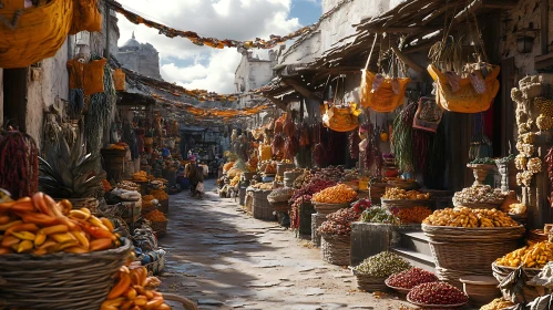 Bustling Marketplace with Baskets of Goods