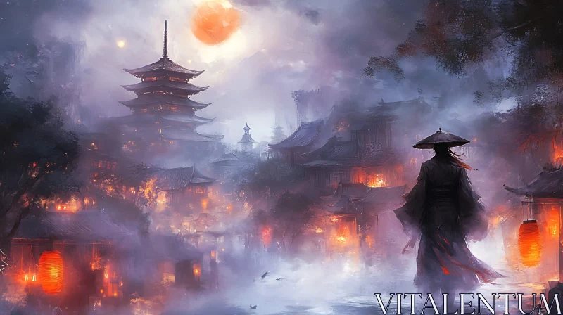 Ancient Asian Town in Mist AI Image