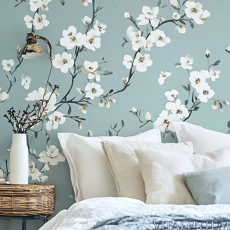 Serene Bedroom Design with Floral Elements AI Image