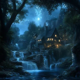 Moonlit Cottage Waterfall Serenity