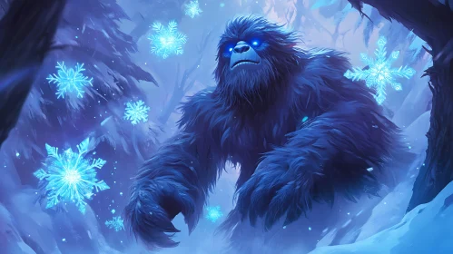 Blue Furry Monster in Snowy Forest