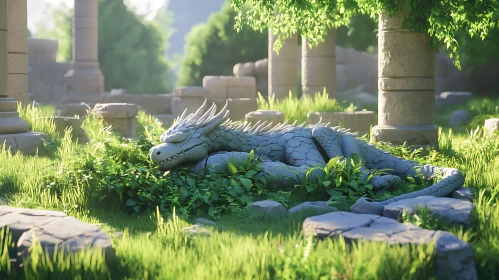 Peaceful Dragon Statue in Green Ruins