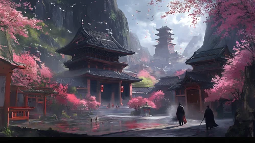 Serene Temple View with Blooming Trees