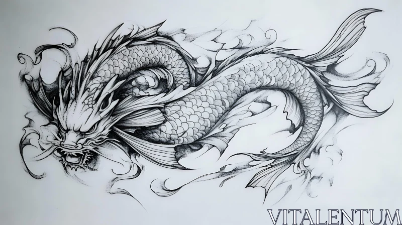 AI ART Monochrome Dragon Illustration on White