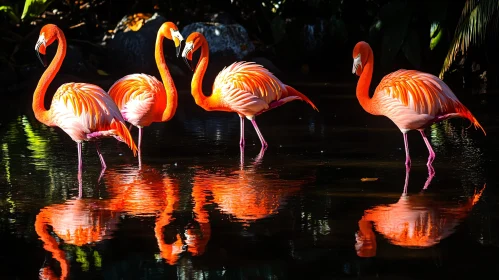 Pink Flamingos in Dark Water