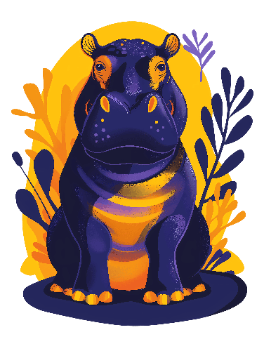 POD Design Cartoon Hippopotamus in Colorful Foliage - Unique Animal Art