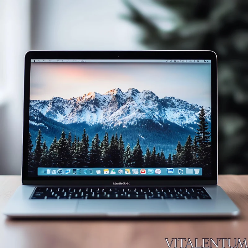 Laptop with Stunning Mountain Wallpaper AI Image