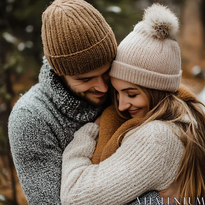 Cozy Winter Couple Hugging Portrait AI Image