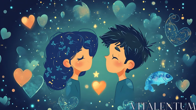 Cartoon Romance: Boy and Girl with Hearts AI Image