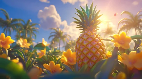 Exotic Pineapple and Floral Summer Scene