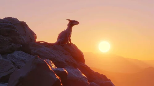 Dragon Sitting on Rock - Digital Painting with Sunset Background
