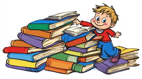 Illustration of Boy Reading Books