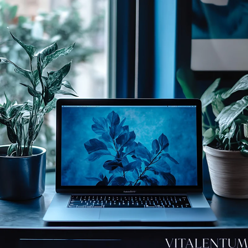 Serene Office Setup with Greenery and Technology AI Image