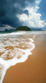 Serene Shoreline and Green Island under Cloudy Sky