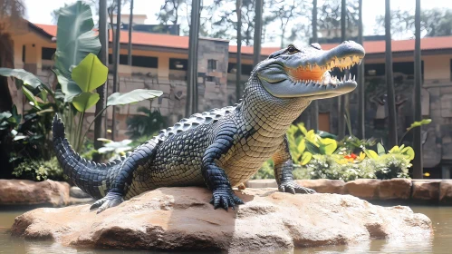 Realistic Crocodile Sculpture by a Pond