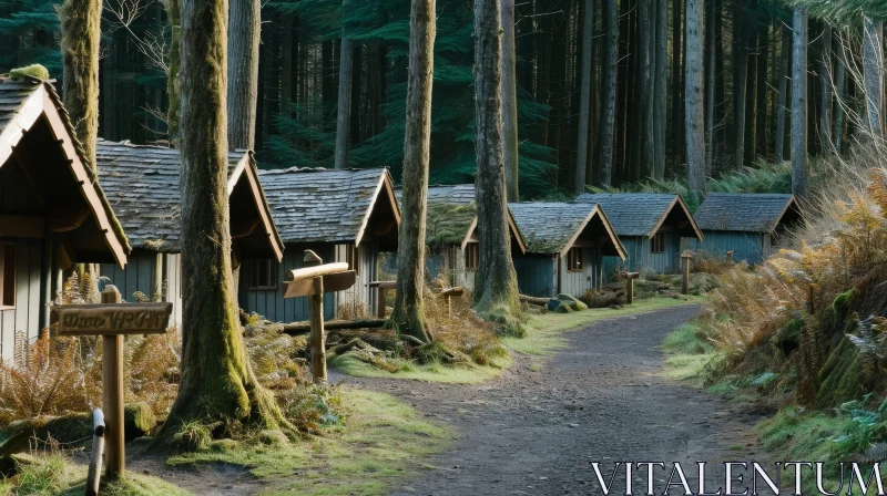 Enchanting Forest Path with Wooden Cabins | Nature Photography AI Image