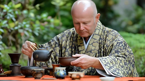 Man in Kimono Preparing Traditional Tea
