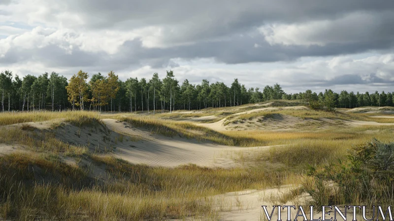 AI ART Peaceful Sand Dunes with Forest and Cloudy Sky