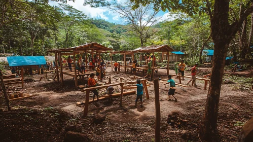 Kids Constructing Wooden Shelters Outdoors